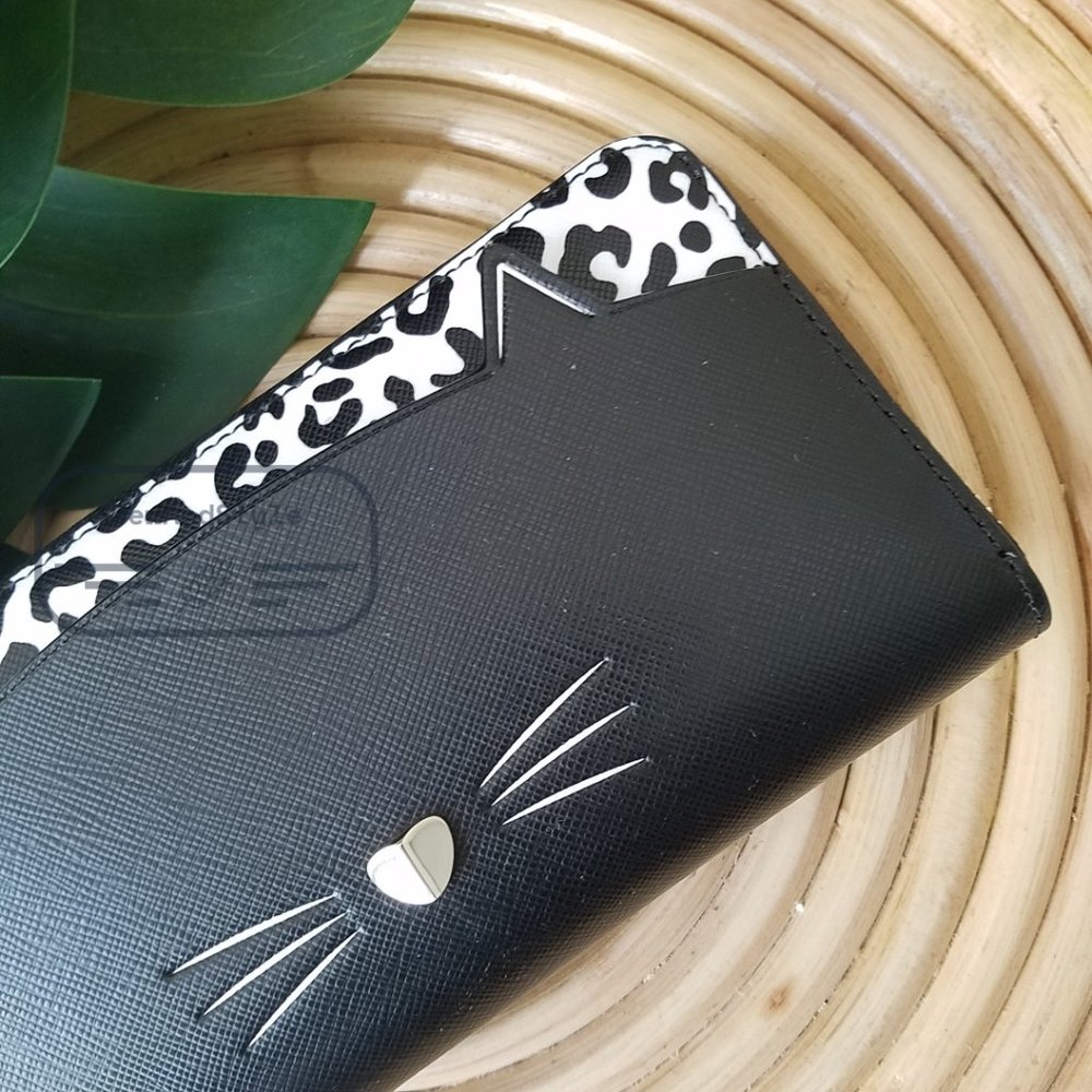 Kate Spade NWT Meow Cat Large Continental Wallet in Black Leather White Leopard - Picture 4 of 12